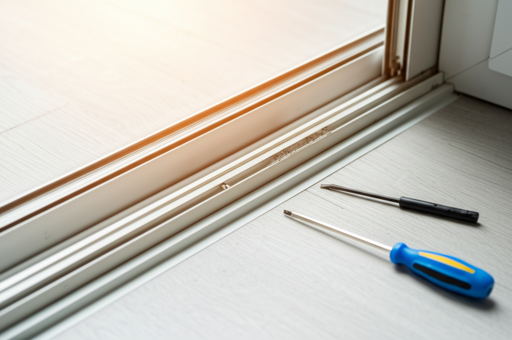 A technician fixing a sliding door, representing the cost of a glass replacement.