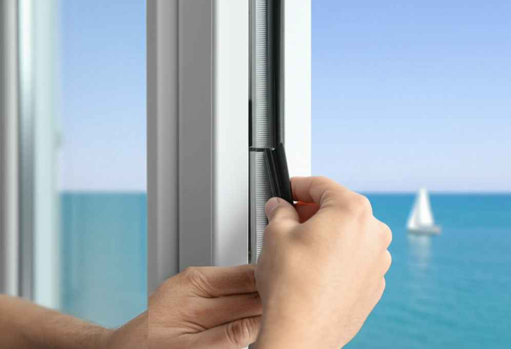 A close-up of a sliding door glass seal, representing a fix for foggy patio doors.