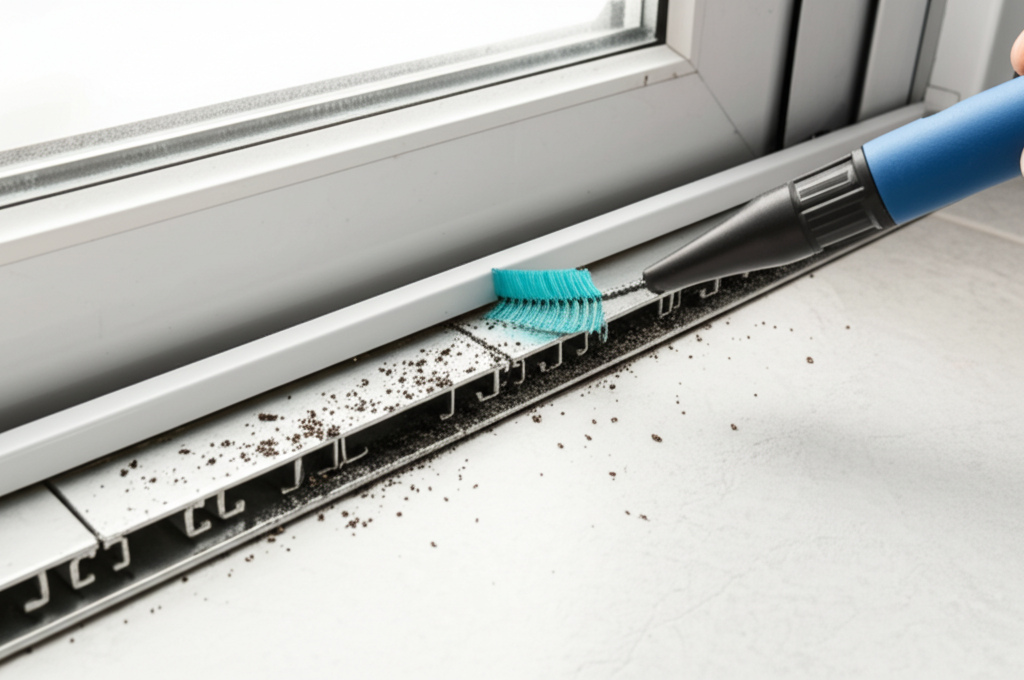 A clean sliding door track, which professionals service during a glass replacement.
